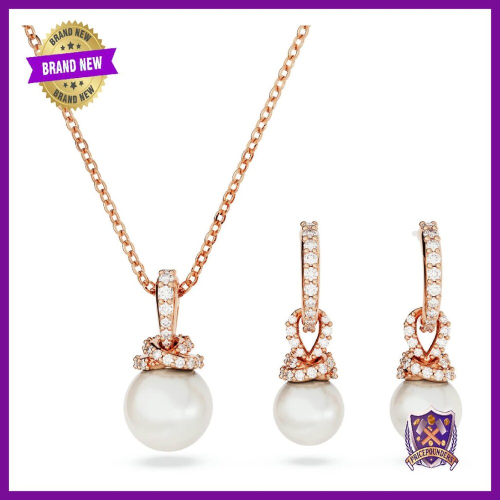 Rose Gold-Tone Pearl Drop Earrings & Y Necklace Set With Crystals